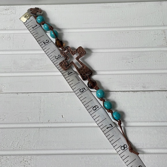 Copper cross bracelet turquoise leather beaded hammered metal boho Gypsy style - Picture 5 of 9